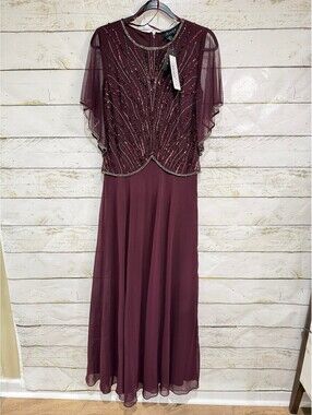 J Kara Women's Flutter Sleeve Mock 2 Piece Embellished Dress Wine NWT Size 8